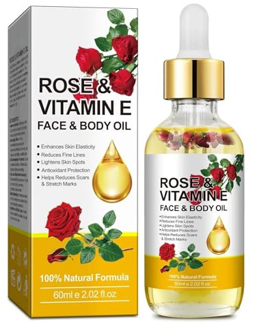 100% Natural Rose & Vitamin E Face & Body Oil - Moisturizer for Wrinkles, Scars, Stretch Marks | Enhances Skin Elasticity, Organic Massage Oil for Dry Skin, Scalp, Nails (60ml)