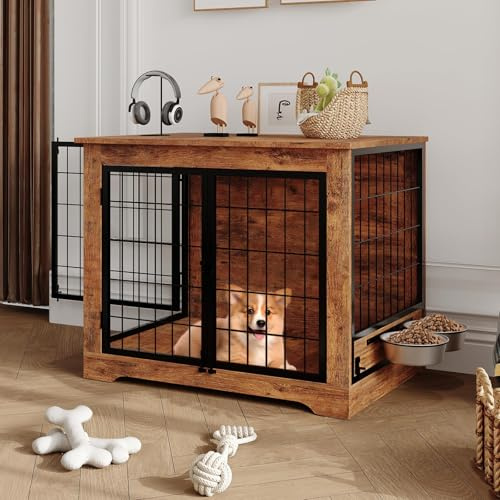 Aptliton 2.64FT Wooden Dog Crate with Rotating Bowls, Customisable Side Door & Anti-Escape Locks, Heavy-Duty Metal Frame Indoor Dog Cage for Small/Medium Dogs, Scratch-Resistant, Rustic Brown