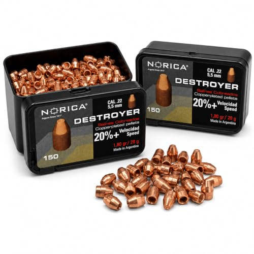 Arapaima Beitia Pack 300 Perdigones Cobreados | Norica Destroyer Cal .22 5,5 mm, Punta Expansiva, Alta Velocidad, Alta Potencia Recomendada, (2 Balineras de 150 Balines)