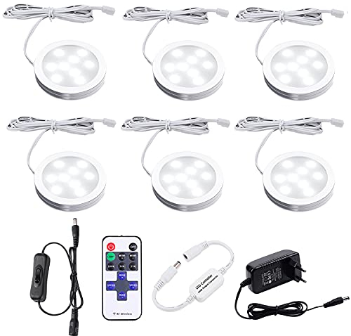 AIBOO LED Cocina Debajo de La Lámpara del Gabinete con Control Remoto Inalámbrico RF, Iluminación Empotrada Ultradelgada Redonda, 6 Packs de Luces LED para Escaparate 12V 12W(Blanco Frio 6000K)