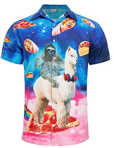 RAISEVERN Alpaca Bradipo Pancake Camicia Uomo Brutte Camicie Vintage Casual Funky Divertente Stampa 3D Hippie Camice Festa Regalo, L