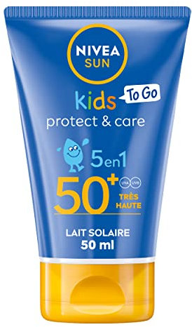 NIVEA SUN Lait Solaire Protect & Hydrate Kids Pocket SPF 50+ 50 ml — Crème Solaire résistante à l'eau — Format voyage — Haute Protection Visage et Corps pour la peau délicate des Enfants