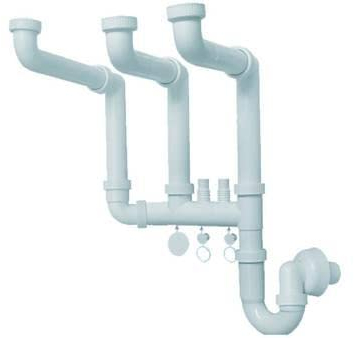 Sifoni, canotti in plastica (polipropilene) per lavello, lavabo, lavandino, vasca, doccia, lavatoio ad incasso o salvaspazio (Sifone libero a 2 vie da 1'' 1/2 con 3 scarichi per lavatrice)