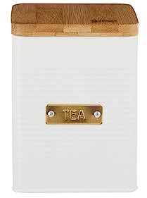 Typhoon OTTO 1,4 L Tee Aufbewahrung luftdicht mit Bambusdeckel und Silikondichtung, Weiß, dekorative Tee Aufbewahrungsbox aus beschichtetem Stahl, Matcha Dose mit goldener Beschriftung