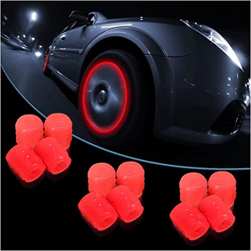 Tapa Fluorescente de Válvula Brillante para Neumático de Coche, 12 Piezas - Accesorio Universal para Camiones, SUV y Motos (Rojo)