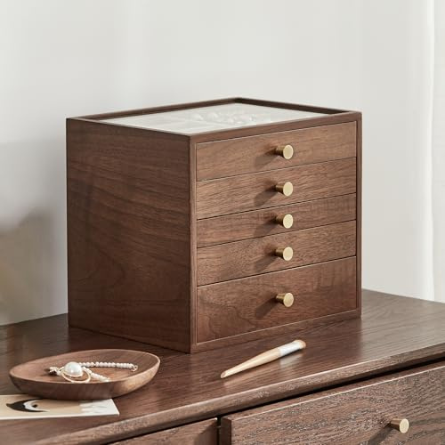 Homruilink Black Walnut Wooden Women Jewellery Box with Glass Lid, 5 Layer | Large Wood Jewellery Drawer Organiser,Velvet-Lined, For Necklaces, Watch, Ring, Earring, Gift