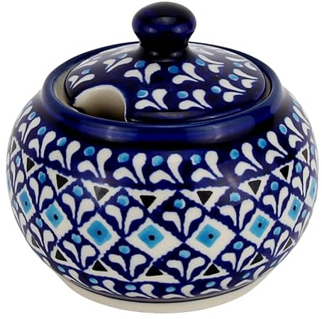 Polish Pottery Market Sugar Bowl with Lid 10 Oz. Hand-painted Polish Stoneware by Zaklady Boleslawiec Poland