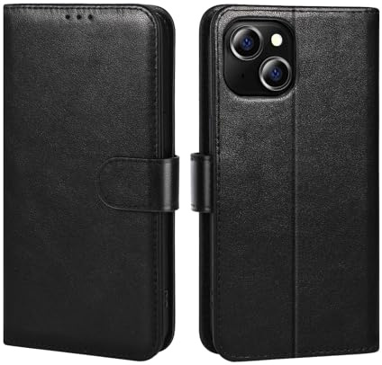 LETREEN Fodral för iPhone 15 fodral, [Premium äkta läder] [RFID-blocker] [kortfack] [stativfunktion] TPU stötsäkert mobiltelefonfodral vikbart fodral kompatibelt med iPhone 15 6,1 tum 2023, svart