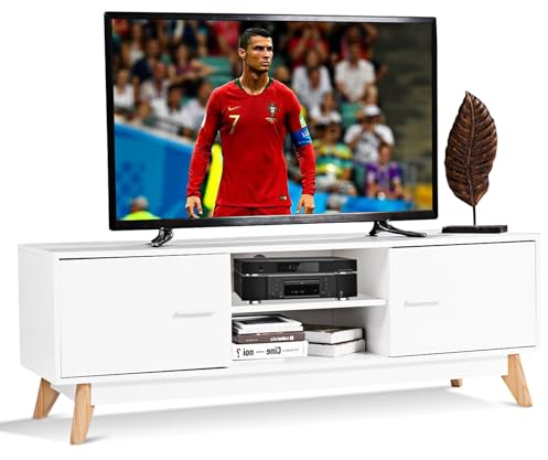 KOMFOTTEU TV-Schrank bis 65 Zoll, Fernsehtisch aus Holz, multifunktionaler Fernsehschrank mit 2 offenen Fächern und 2 Türen, TV Lowboard 140 x 40 x 48 cm, Weiß