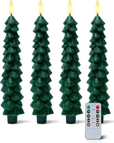 Stmarry 4 PCS Flameless Christmas Tree Candles with Remote Timer, Real Wax Flameless Taper Candles 9.65 Inch, LED Candlesticks with 3D Flickering Flame, Christmas Decor Candles Battery Operated