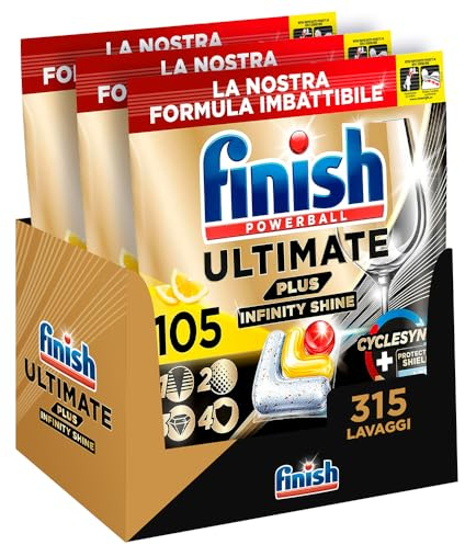 Finish Ultimate PLUS Infinity Shine Pastiglie Lavastoviglie al Limone, 315 Capsule con Scudo Protettivo contro lo Sporco e i Residui Incrostati