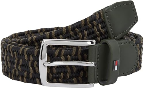 Tommy Hilfiger Uomo Cintura Denton Elastic Leather 3,5 cm Intrecciata, Multicolore (Black/Army Green), 95 cm