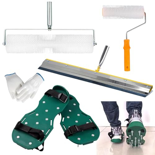 Herramientas de Cemento Autonivelante, Kit con 2 Rodillo de Púas de 23cm + 48cm Rasqueta de Gran Superficie de 56cm y Zapatas de Clavos de 3cm de Longitud para Nivelar la Pared del Suelo Compuesto