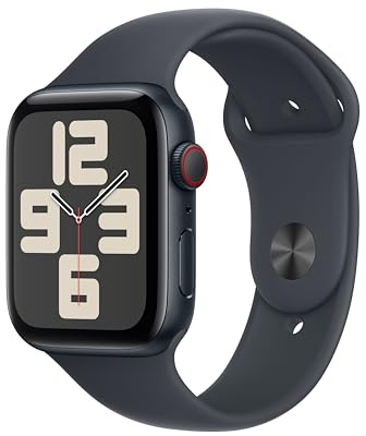 Apple Watch SE (andra generationen) GPS + Cellular 44 mm Klocka med boett i Midnatt aluminium och Sportband Midnatt - S/M. Tränings- och sömnmätare, kraschdetektering, pulsmätare, Retina-skärm