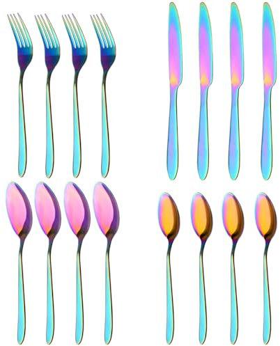 16PCS Besteck Set, Hochwertigem Edelstahl Geschirrset für 4 Personen, Cutlery Set mit Spiegelpolierter Oberfläche, Spülmaschinenfest, für Den Täglichen Gebrauch Oder Besondere Anlässe (Bunt)