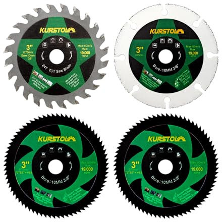 KURSTOL Saw Blade Set - 4pcs 75mm Cutting Disc for Wood Metal Plastic with 10mm Bore for Mini Angle Grinder