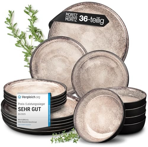 Moritz & Moritz VIDA Geschirrset 12 Personen Beige 36-tlg. - Modernes Porzellan Geschirr Set - Kratz-, Mikrowellen- & Spülmaschinenfest, Essgeschirr, Tafelservice, Kombiservice 12 Personen