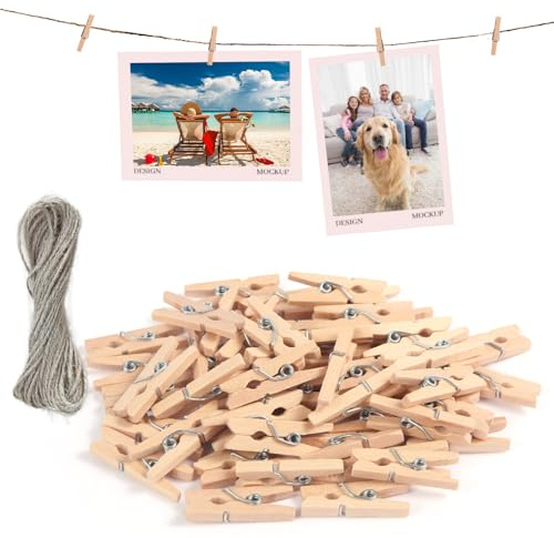 msymsyu Pinzas Pequeñas Madera 120 PCS, Mini Pinzas de Madera 3.5x0.7cm, con 50m de cordón, Mini Pinza Maderas para Colgar Fotos y Postales, y para Todo Tipo de Decoraciones de Fiesta