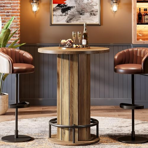 Tribesigns Table mange-debout ronde de 100 cm de haut en bois bistro avec repose-pieds en métal pour salle à manger, café, cocktail, marron (table uniquement)
