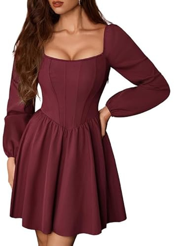 Renaissance Corset Dress Long Sleeve Mini Dresses for Women Fishbone Fall Wedding Guest Party Dress Red 6