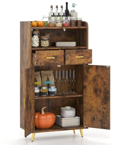 GIANTEX Aparador Buffet de Cocina con 2 Puertas, 2 Cajones y Estantes Abiertos, Armario Auxiliar con Kit Antivuelco, 60 x 30 x 113 cm, Mueble de Almacenamiento para Salón, Comedor, Entrada (Marrón)