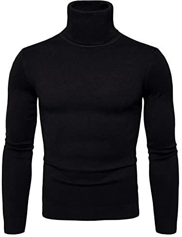 Jersey ajustado para hombre de invierno liso suave cuello alto flexibilidad Color sólido Slim Jersey, Negro , L