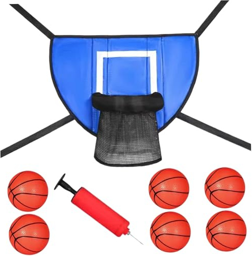 Basketballkorg för trampolin med 4 anslutningssträngar, vattentät trampolinkorg med 6 mini basketbollar och pump för barn vuxna inomhus och utomhus, pe-fäste