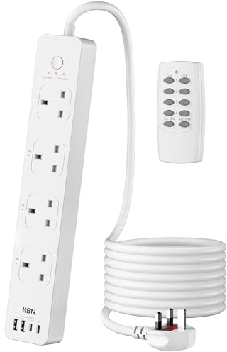 HBN Remote Control Extension Lead with 4 Individually Controlled Outlets,Surge Protection Power Strip with 2M Cable,Plug Extensions Socket with 4 USBs (incl.2USB-C),13A