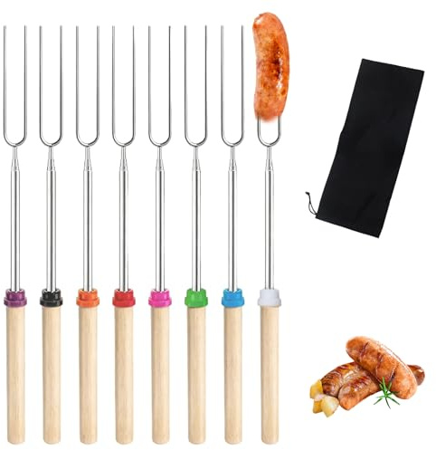 yolzhxe 8 stycken infällbar grillspett 31 till 81 cm, U-formad grillspett med förvaringsväska, stålspett för rostade marshmallows, bröd och kebab