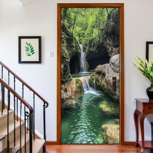 Adesivo per Porta 95 x 215 cm Montagne Cascate Foreste Carta da Parati Porta Autoadesiva Verde Poster Murale Pellicola Decorativa per Porta per Soggiorno Cameretta Cucina Bagno