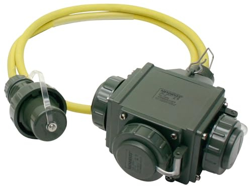 Dönges Dreifachverteiler THW-Version 230 V, 16 A, 1,5 m, bronzegrün (Stromverteiler Verteiler Deltabox Mehrfachsteckdose Mennekes THW Energieverteiler) Eingang: 1 x Stecker Schuko IP68