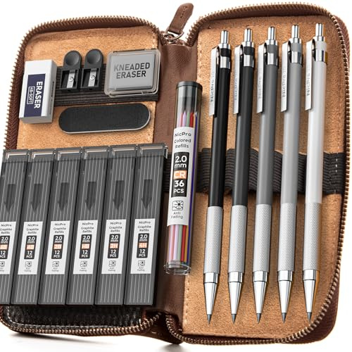 Nicpro 5 Pezzi 2mm Metallo Matite Meccaniche con Pelle Astuccio, Art Portamine Falegname Set con Grafite Mine Nero & Colore (4B 4B 2B HB 2H) Gomma Temperamatite per Artista Disegno Scrittura Schizzi
