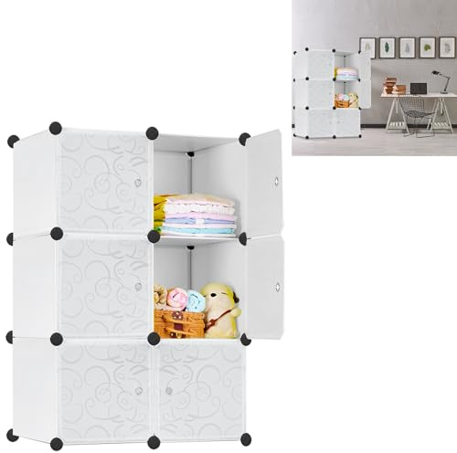 YUENFONG Garderob hyllsystem av 6 kuber PP-material, garderobsskåp med dörrar, bärbart hyllsystem, för kläder, böcker, leksaker (vit)