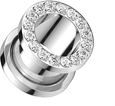 beyoutifulthings Túnel de la oreja, plata transparente, circonita, titanio, ium, grado 23, piercing, oreja, tapón de rosca de 6-12 mm, 10 mm, Titanio