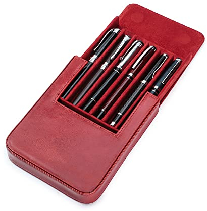 Hiram Leder-Füllfederhalter-Etui für 6 Stifte, Tragbare Aufbewahrungsbox für Stifte aus Pflanzlich Gegerbtem Leder mit Verstecktem Magnetischem Schnappverschluss und Schublade für Stifte (Rot)