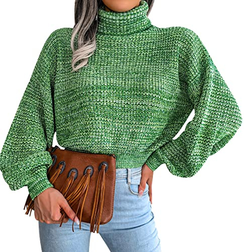 Pull Court Femme Col Roulé Hiver Chic Pullover Pull Crop Top Oversize Grosse Maille Ample Manche Longue Large Femme Col Roule Pulls Tricoté Femme Chaud Sweater Pull Tricot Personnalisable Femme Vert S