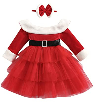 Loalirando Completo Bambina Invernale Abito di Babbo Natale Bambina Neonata Natalizio Senza Spalline Vestiti Bambina Invernali con Cintura+Fascia per Bambini (Rosso, 3-4 Anni)