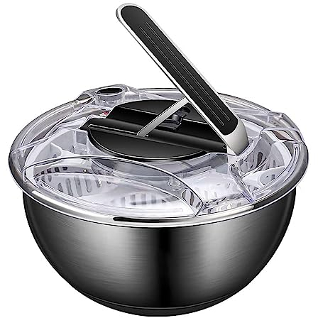 Essoreuse à salade en acier avec panier passoire, poignée et couvercle à verrouillage intelligent, conception à séchage rapide, système de vidange facile, base antidérapante, essoreuse à laitue de