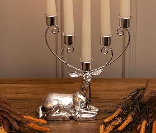 Marco Paul Antique Stag Head 5 Tapered Candle Holder Rustic Silver Candelabra Candle Sticks Holder Centrepiece Christmas Decorations Mantelpiece Fireplace Decorative Ornament for Wedding