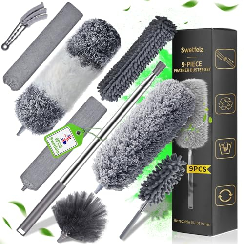 Swetfela 9 PCS Feather Duster, Duster Retractable 10-100 Inches, Dusters for Cleaning Detachable Bendable and Reusable, Extendable Duster for Cleaning Cobwebs Ceiling Fans Lights Blinds Cars Furniture