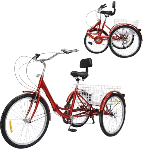 24 tum vikbar trehjuling 7-växlad trehjuling för vuxna seniorer, män lastcykel 3-hjuls cykel med shoppingkorg röd vuxna 3-hjuls cykel