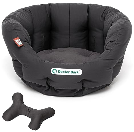 Doctor Bark - Hundebett rund - kuscheliger Hundekorb kleine Hunde mit orthopädischem Wendekissen und ToyBone - Waschbar bis 95°C - Made in Germany (S - 40x35 cm, Grau)