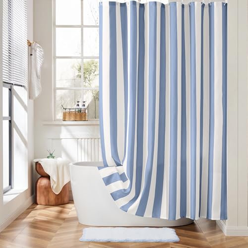Ohocut Vertical Striped Blue Shower Curtain, Cute Retro Vintage Blue Stripe Bathroom Shower Curtain, Waterproof Polyester Fabric Modern Bath Curtain for Bathroom 180x180cm