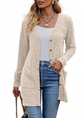 MSIYOW Gilet Femme Manche Longue Cardigan Long Femme pour l'Automne avec Boutons Poche (L, Beige)