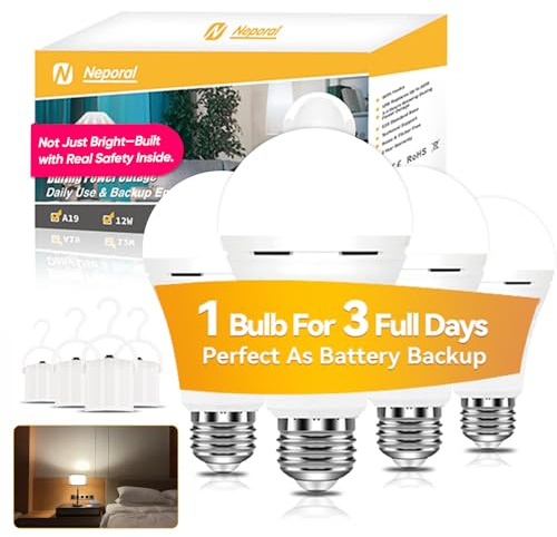 Neporal LITE PRO Rechargeable Light Bulbs, 2600mAh Large Battery Backup Light Bulbs, Socket Rechargeable Emergency Lights for Home, Hurricane Prepareness Item, E26/E27 (White-2600mAh)