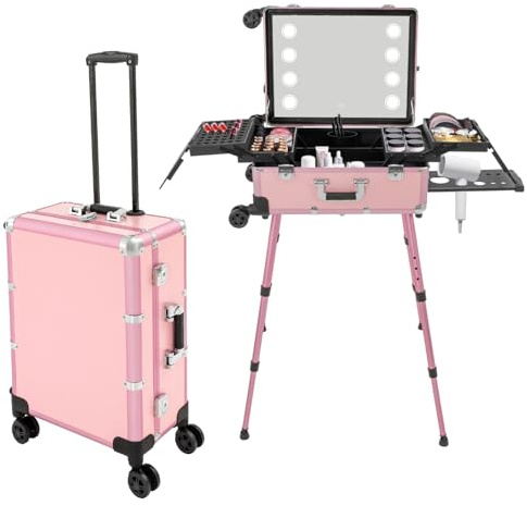 BRRIDE Maletín de maquillaje con ruedas con luces de espejo, estuche de transporte de maquillaje profesional para artistas, organizador de cosméticos, organizador de uñas, patas ajustables y brillo,