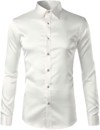 Herr Guld Glänsande Satin Silke Liknande Skjorta Casual Dans Party Långärmad Smoking Skjorta, White, M