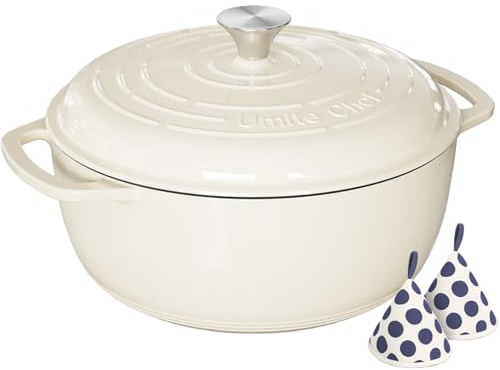 Umite Chef 6QT Enameled Cast Iron Dutch Oven with Lid, Versatile Heavy-Duty Cookware Pot for Baking Bread, Braising, Soups & Stews, Oven & Stovetop Safe with Heat Resistant Gloves（Cream White）