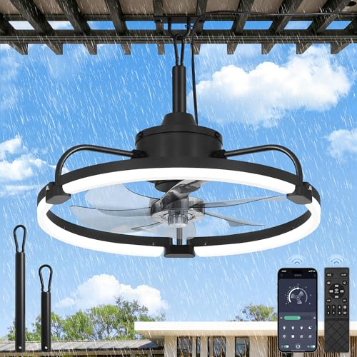 LEDIARY 20 Outdoor Ceiling Fan with Lights, IP65 Waterproof Gazebo Fan with Hanging Hook, Plug-in Ceiling Fan Remote&APP Control, 3CCT Dimmable, 6-Speeds, Caged Ceiling Fan for Gazebo,Patio,Pergola