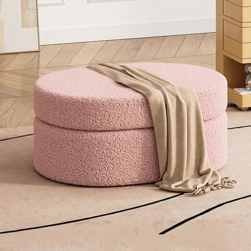 Banqueta Ovalada Zapatos con Tapa Abatible en Tela Bouclé de Cordero para Fondo de la Cama Ottomana Acolchada con Almacenamiento Reposo de Pies para Sala de Estar(Pink,70*45*41cm/27.6*17.7*16.1in)